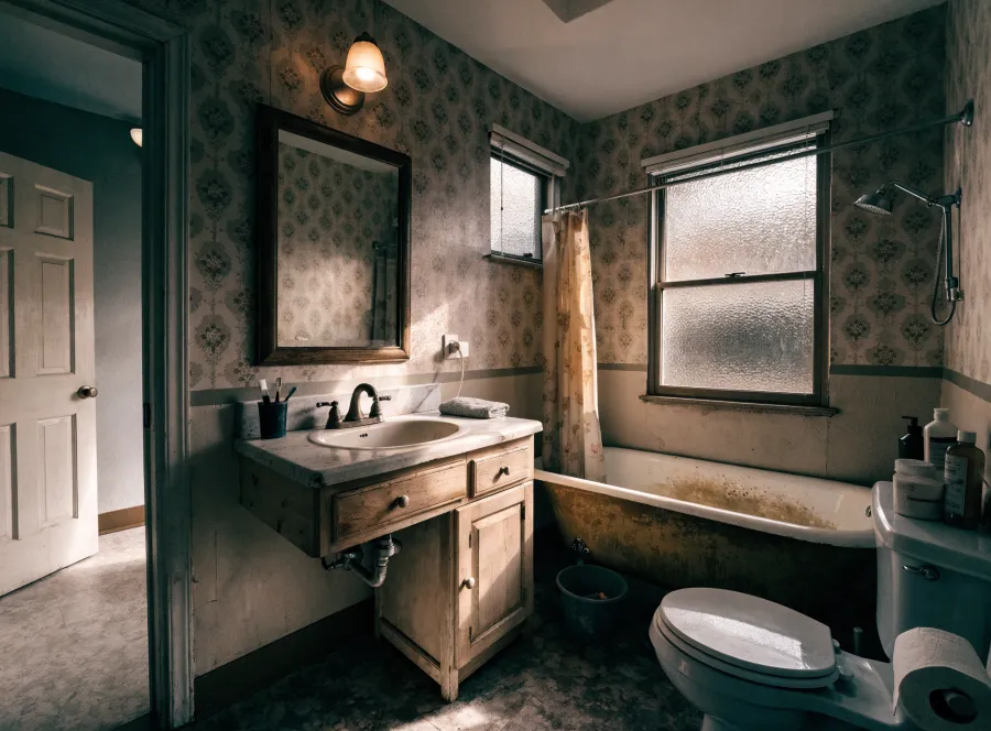 Outdated bathroom with worn vanity before remodel
