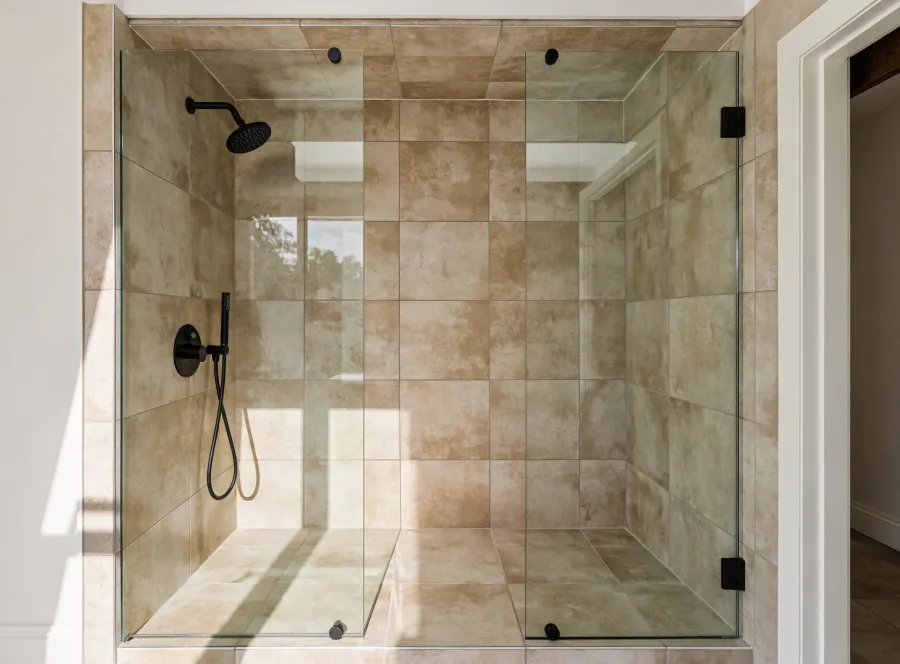 Modern walk-in shower with frameless glass and new tile after remodel