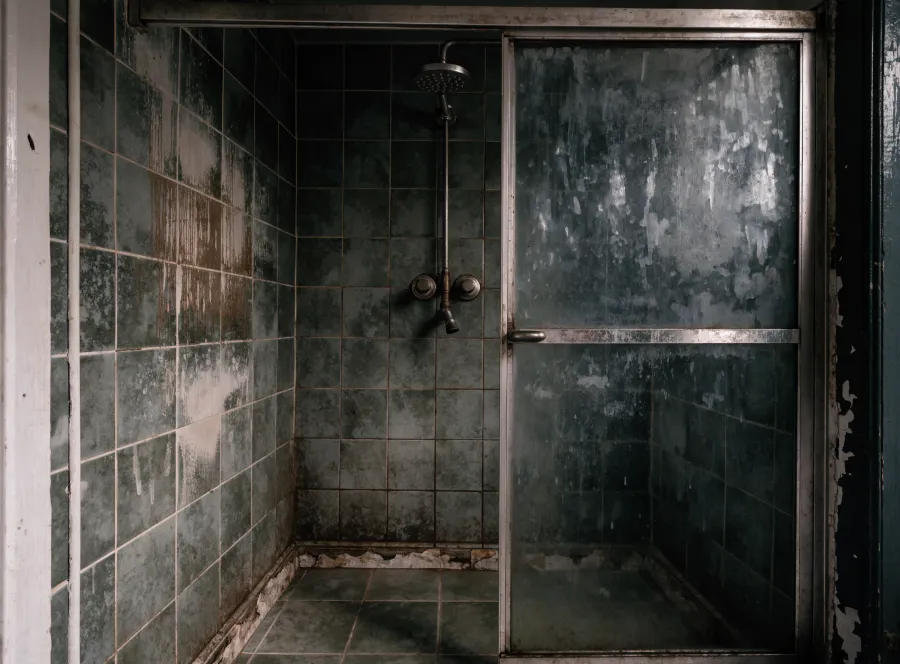 Dated, worn shower stall before remodel