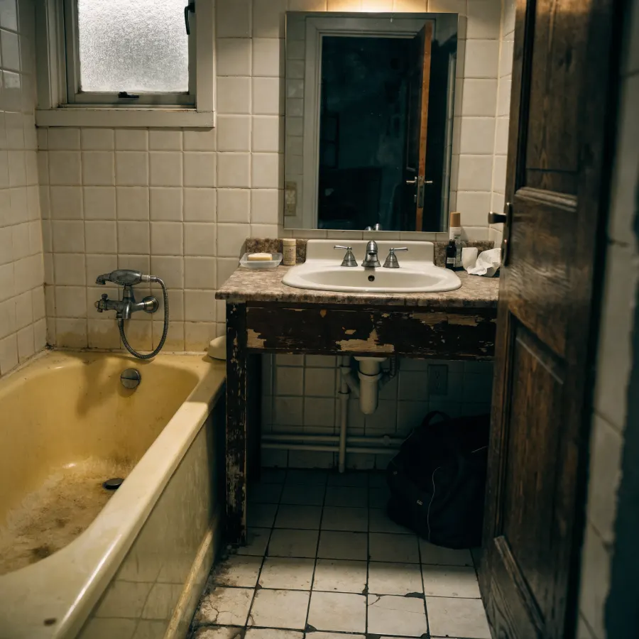A dated bathroom with stained tile and a worn vanity — the kind of space you keep meaning to fix